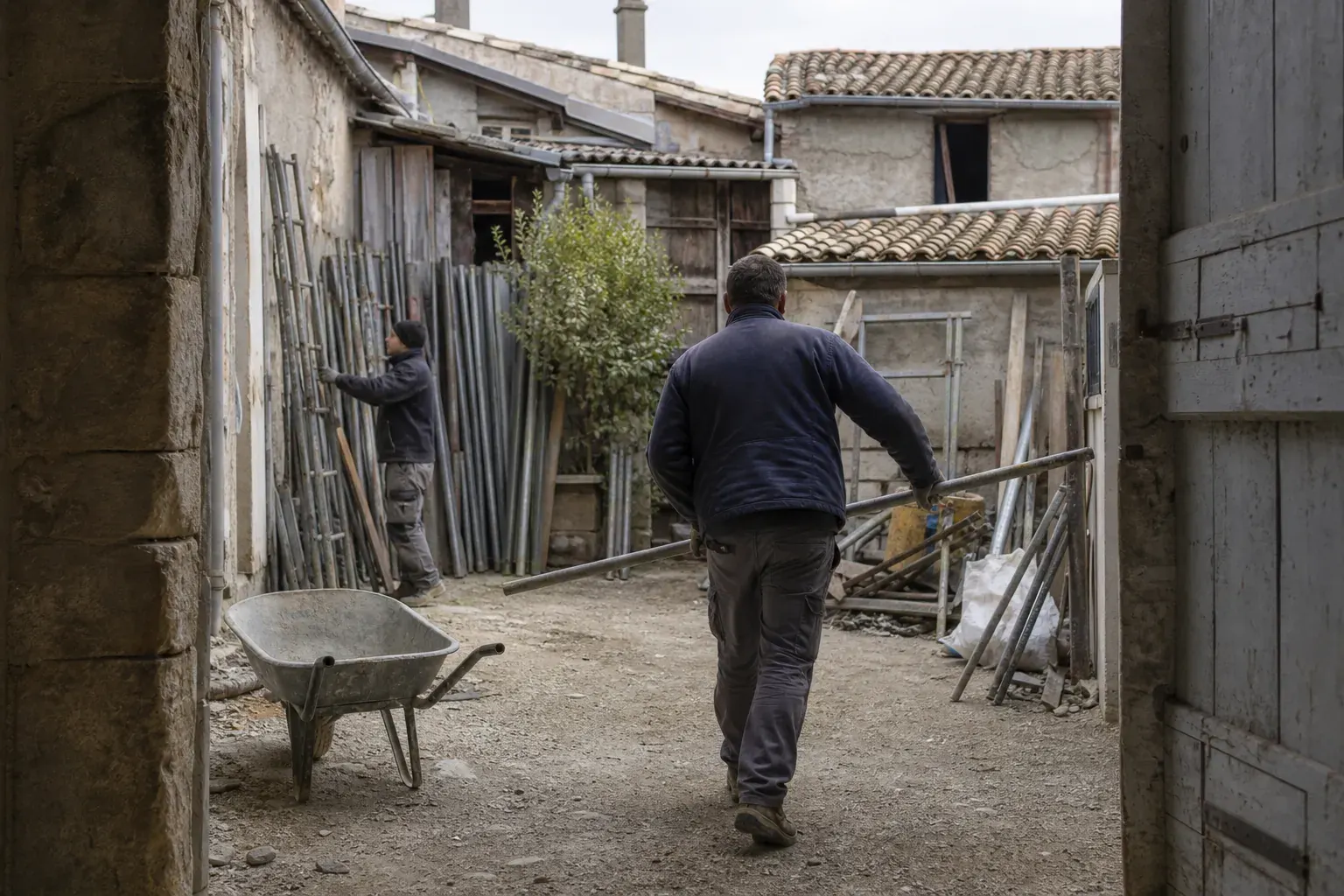 Pied d’échafaudage dans une cour intérieure exiguë atteinte par un porche, matériaux dressés faute de place