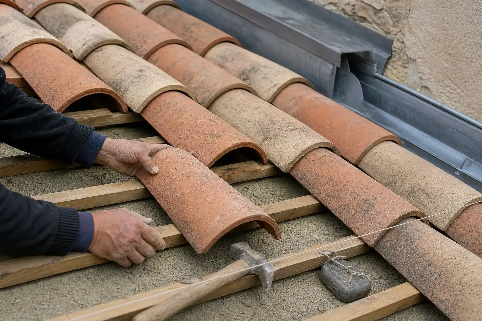 Mains posant des tuiles creuses en rangs alternés sur les liteaux, marteau de couvreur à côté