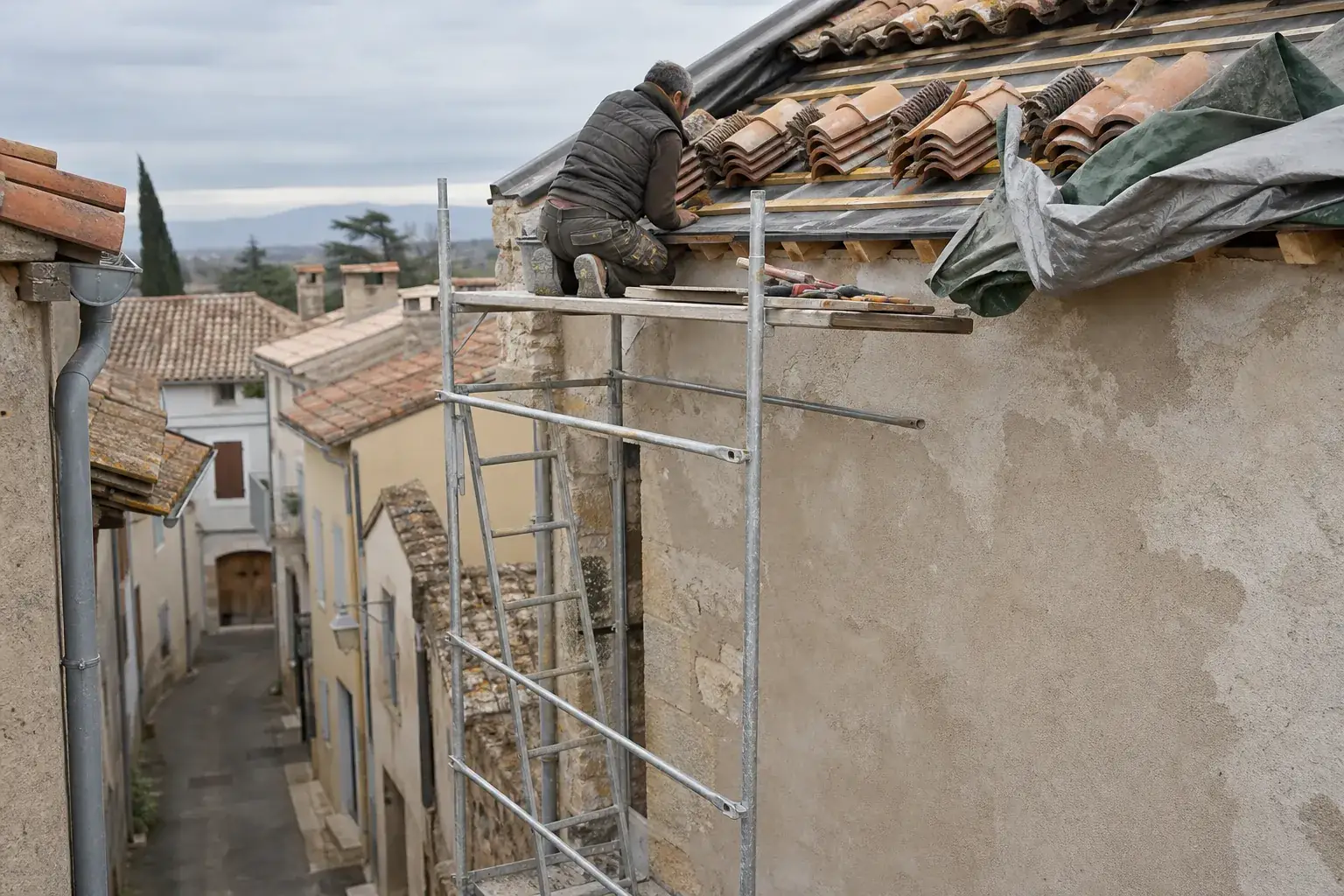 Échafaudage dressé contre une façade enduite dans une rue en pente, tuiles rangées sur les liteaux