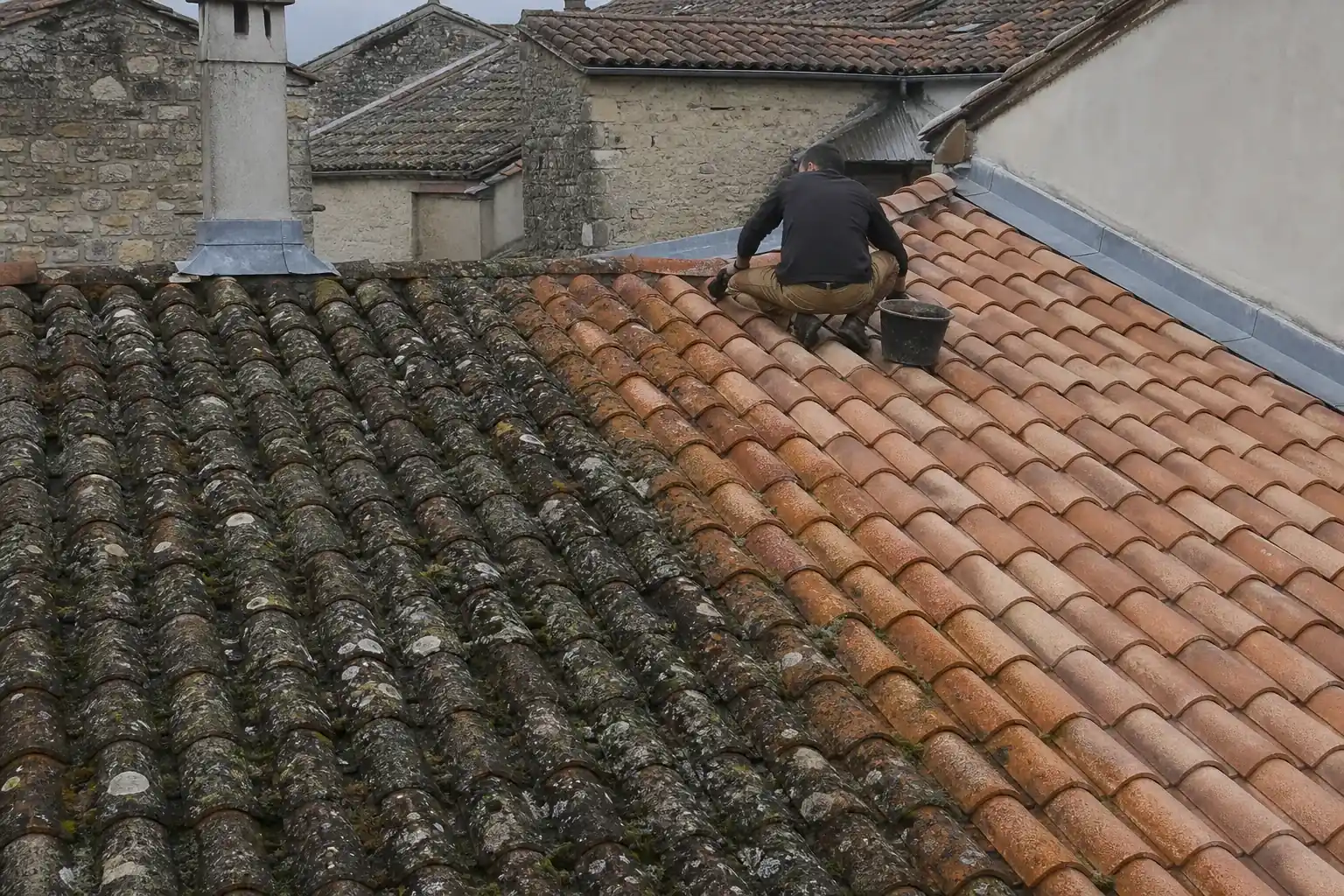 Toiture à moitié nettoyée, la mousse d’un côté, la terre cuite nue de l’autre