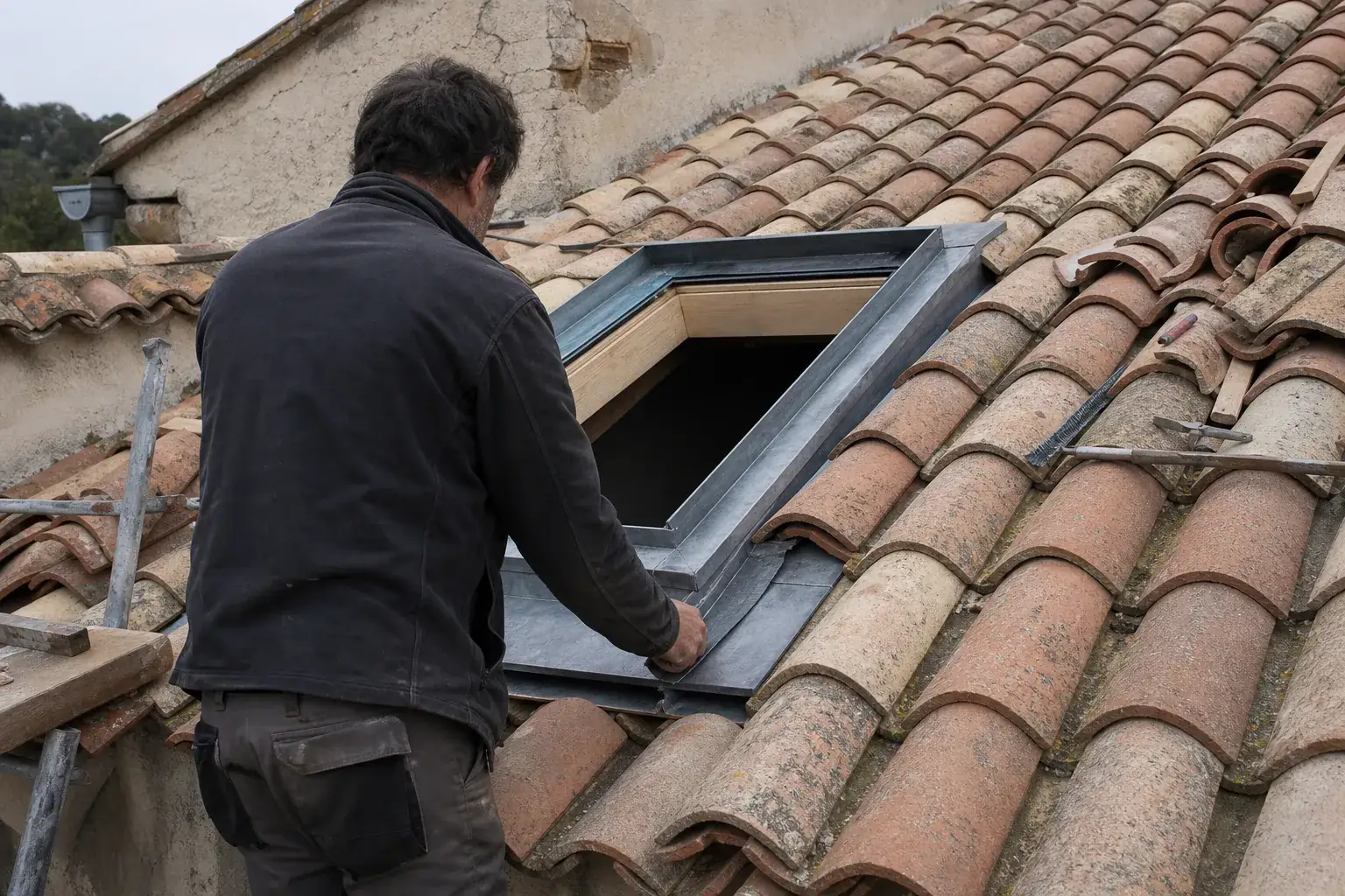 Kit de raccord d’une fenêtre de toit dressé sur les tuiles, tuiles recoupées mises de côté