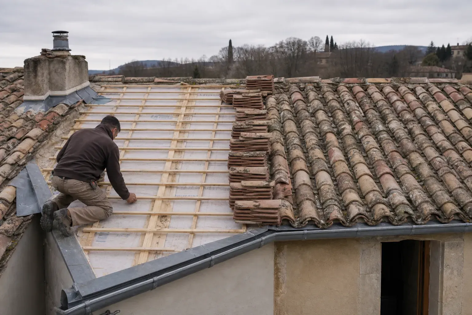 Versant à demi découvert, liteaux et écran de sous-toiture apparents, tuiles déposées en rangs