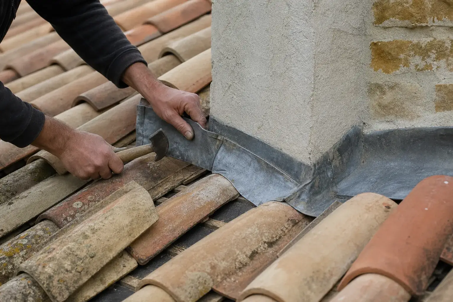 Remplacement de quelques tuiles fendues et reprise d’un solin de plomb contre une souche