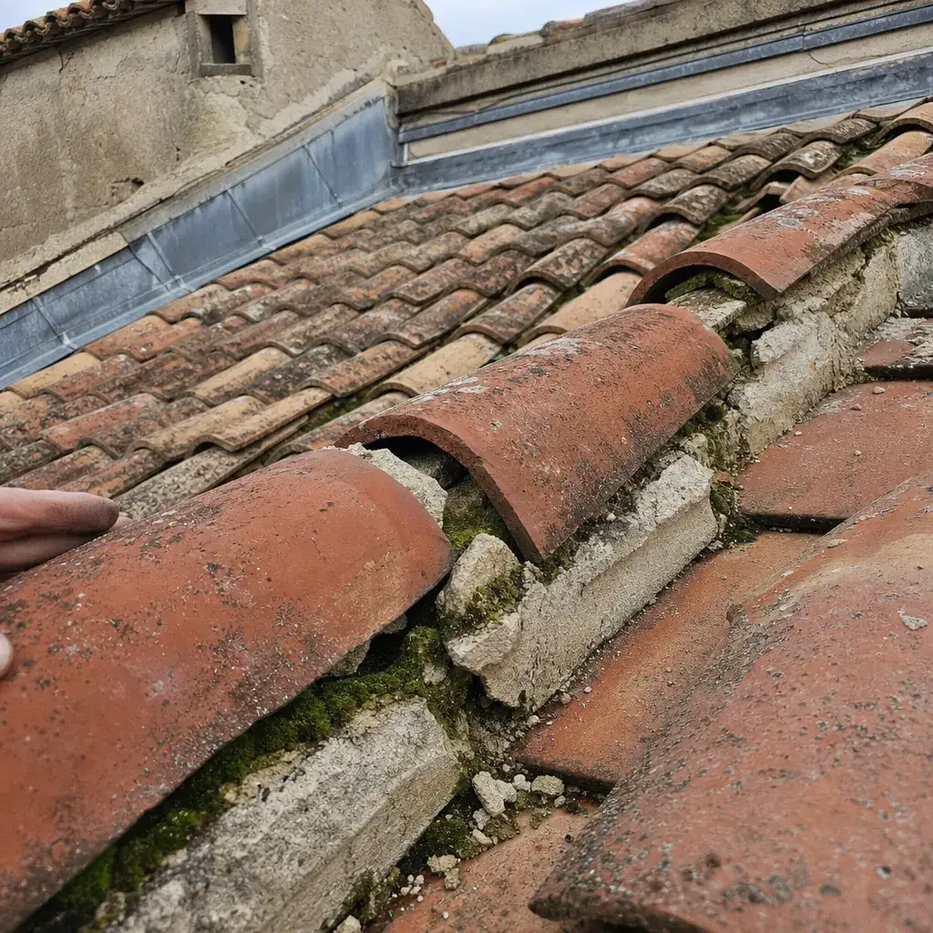 Faîtage descellé : mortier de chaux fendu et parti, une faîtière hors ligne, mousse dans le joint