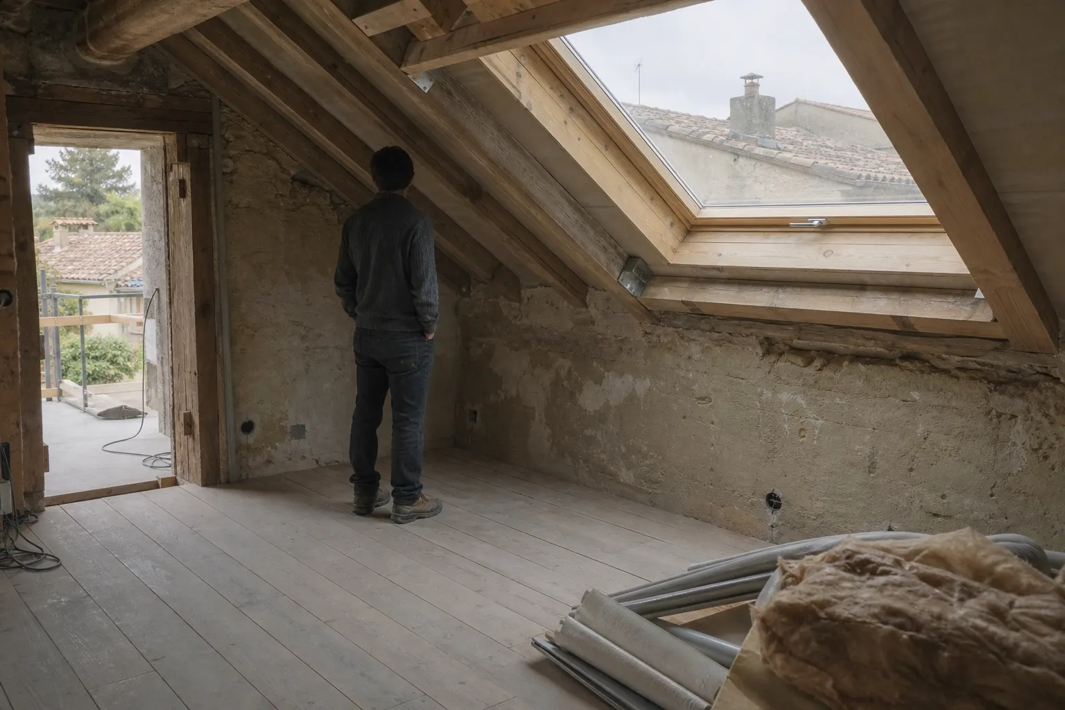 Comble aménagé sous rampants, châssis de toit posé dans le plan de la couverture, plancher brut
