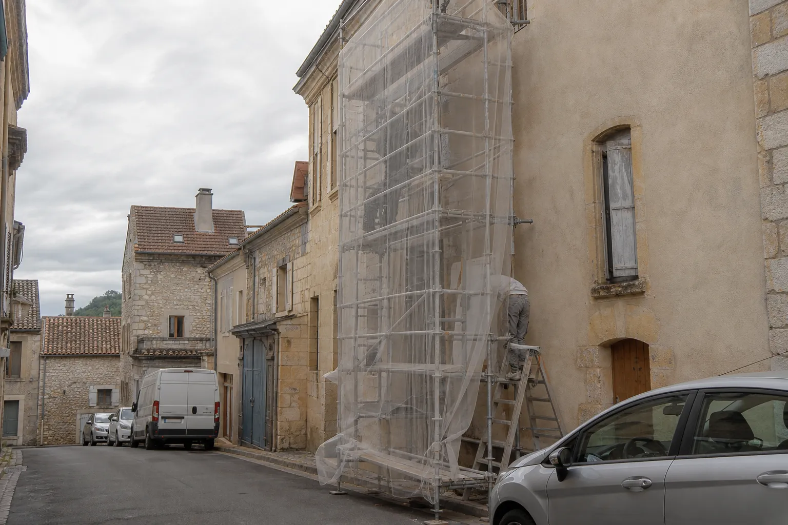 Échafaudage monté dans une rue étroite en pente, filet de protection, voitures serrées au pied