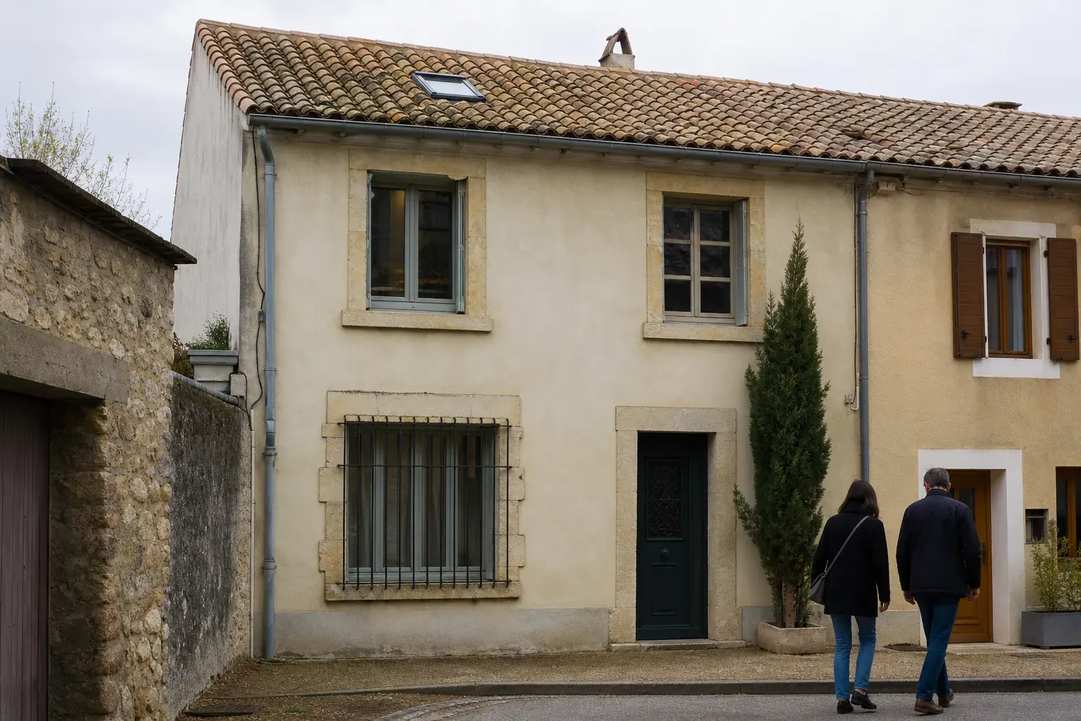 Maison de faubourg à deux niveaux, couvert en tuile creuse, châssis de toit et gouttière apparente