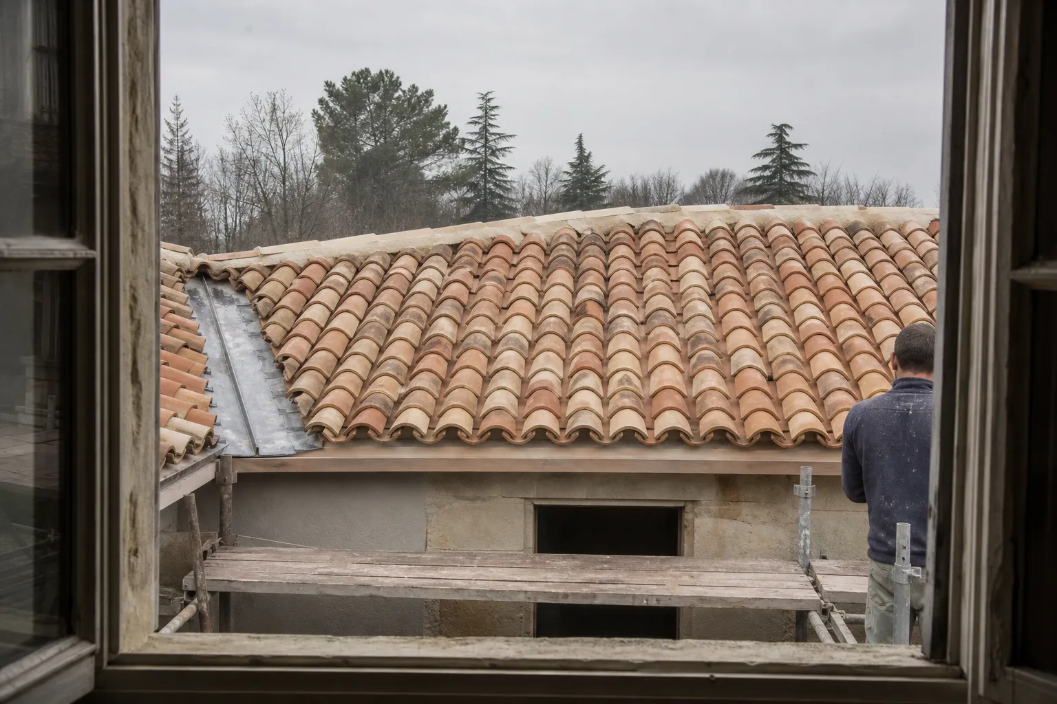Couvert refait mêlant tuiles de réemploi et tuiles neuves, faîtage scellé propre, noue zinc