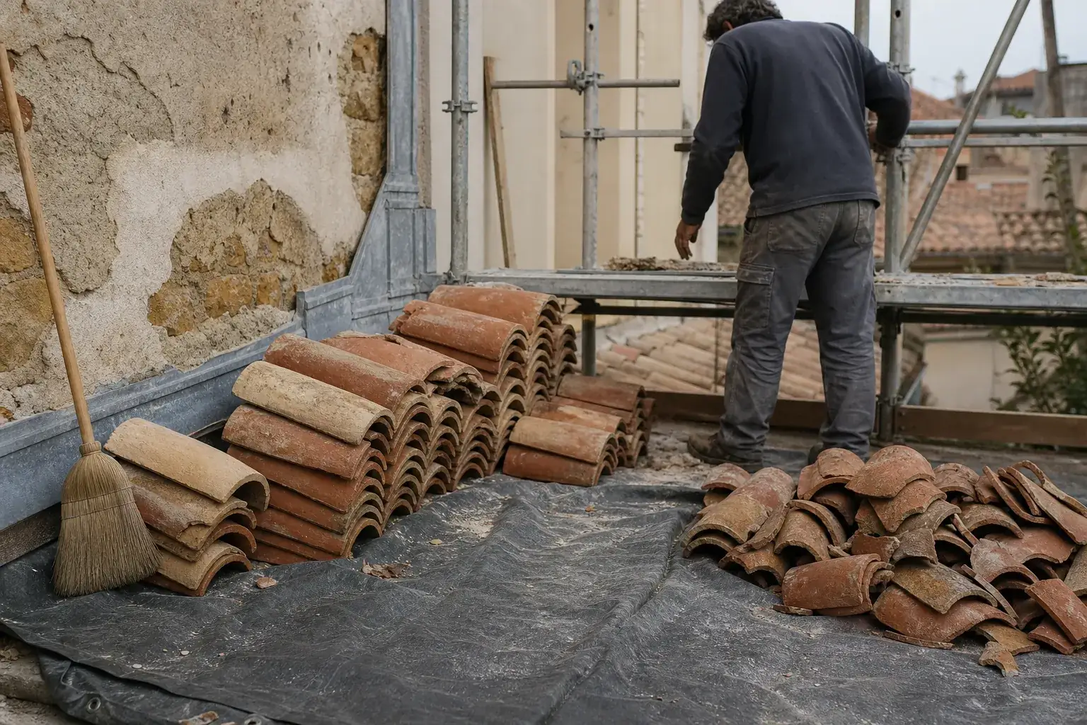 Tuiles de récupération triées en deux tas sur une bâche au pied d’un échafaudage