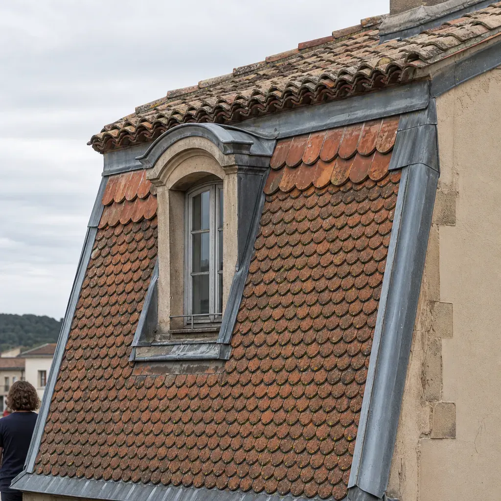 Toit à la Mansart, brisis en petites tuiles écailles vernissées et terrasson en tuile creuse