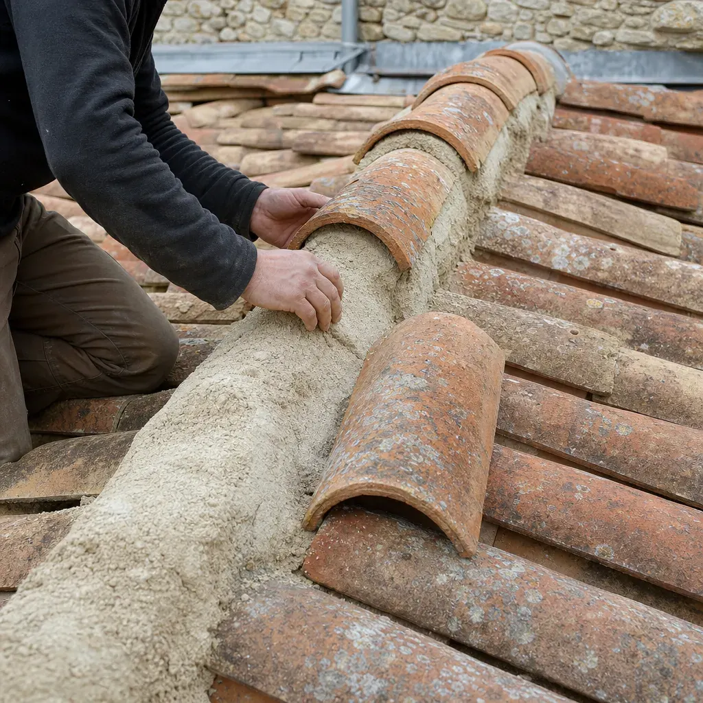Faîtière demi-ronde scellée au mortier de chaux, une tuile faîtière déposée à côté